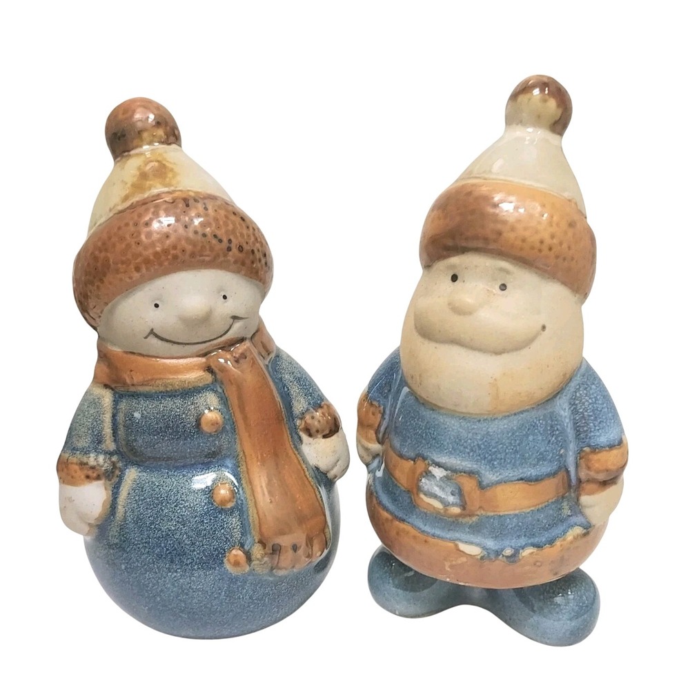 2 Primitive Snowmen Folk Art Stoneglaze Pottery Blue Brown Tones Snowman Santa